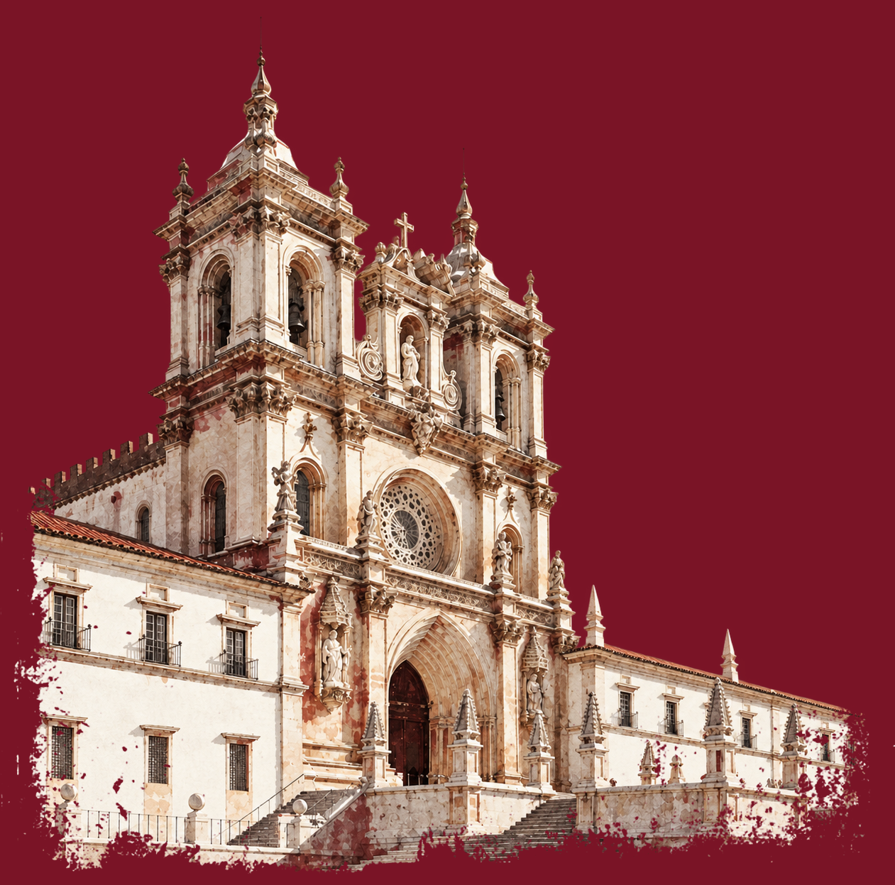 Ilustração em aguarela da fachada do Mosteiro de Alcobaça, local da cerimónia